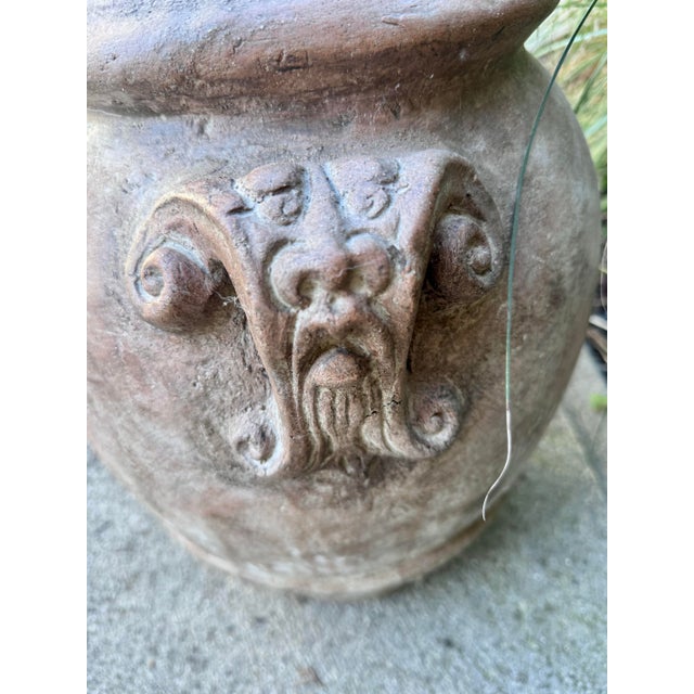Tuscan Vintage Tuscan Style Terracotta Garden Urn With Mascaron Handles and Heraldic Crest For Sale - Image 3 of 9