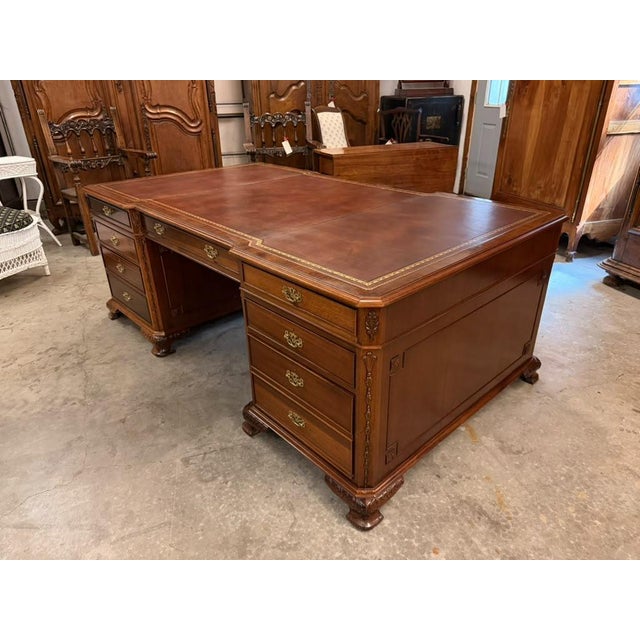 Wood Mid-20th Century Chippendale Style Mahogany Partners Executive Desk With Embossed Leather Top, Circa 1950s For Sale - Image 7 of 18