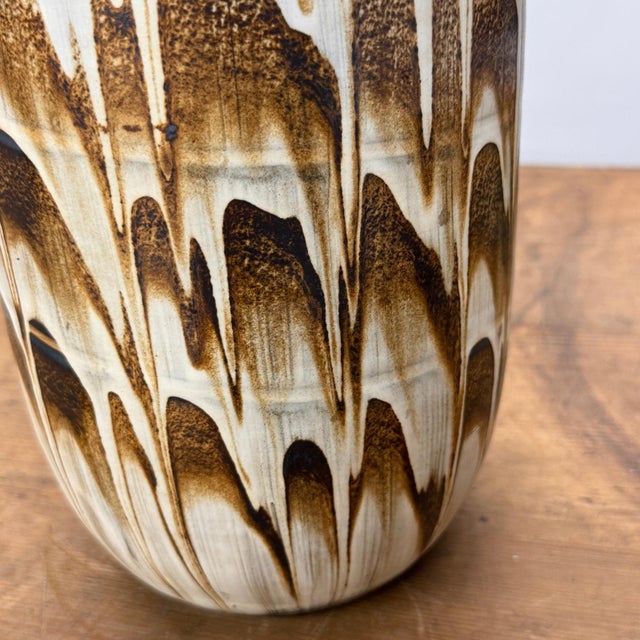 Brown Tall Slender White & Brown Ceramic Vase with Drip Cascade For Sale - Image 8 of 11
