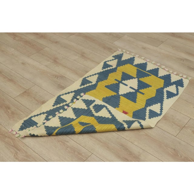1960s Traditional Geometric Blue and Yellow Cappadocia Kilim Rug For Sale - Image 11 of 13