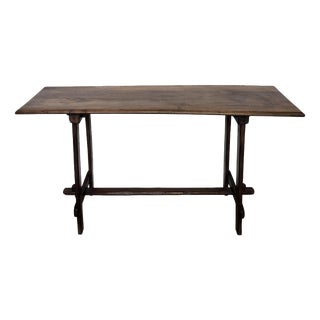 Antique Rustic Minimal Italian Wooden Carved Trestle Console Table, 1890s For Sale