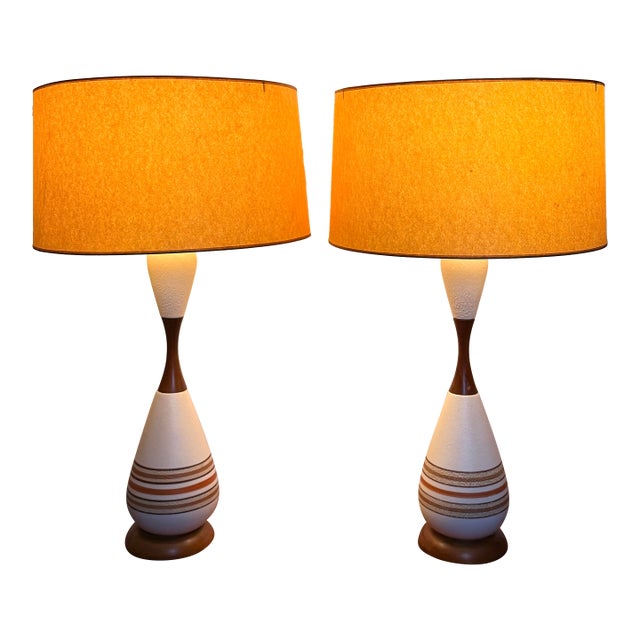 Pair of Mid-Century Modern Ceramic & Wood Table Lamps With Original Vintage Shades, C. 1960s For Sale