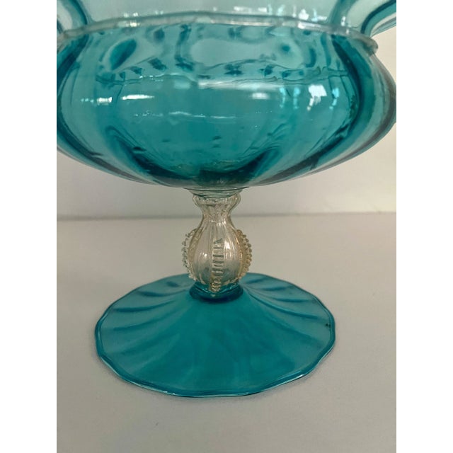 An outstanding example of Italian Murano Glass. The handle blown piece blown in a stunning blue glass with Gold handles...