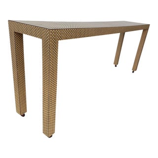 1970s Faux Wicker Rattan Wrapped Parsons Console Table on Castors For Sale