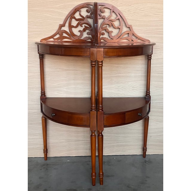 An early 20th century two-tier Art Nouveau corner shelf with one drawer Dimensions: Height: 45.28 in (115 cm)Width: 22.84...