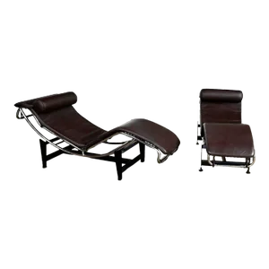 Pair Chaise Lounge Chairs Brown Leather & Chrome & Black Steel Bases Style of Le Corbusier Lc4