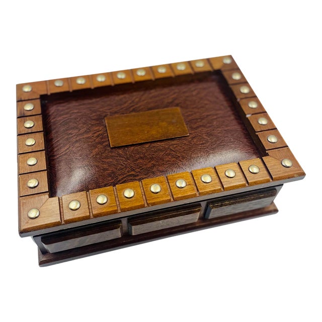 Mid-Century Solid Wood & Leatherette Inlay Box For Sale