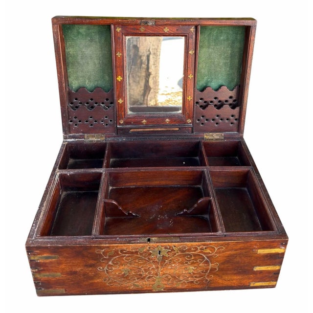 Antique Brass Inlaid Wooden Dressing Vanity Travel Box.