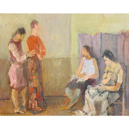 la sartoria ' (the dressmaker's workshop), oil on canvas-lined board, by the neapolitan painter, alberto chiancone (circa...