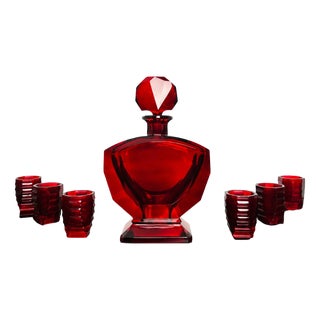 Art Deco Ruby Red Glass Decanter with Six Shot Glasses from Moser, Czechoslovakia, 1930, Set of 7 For Sale