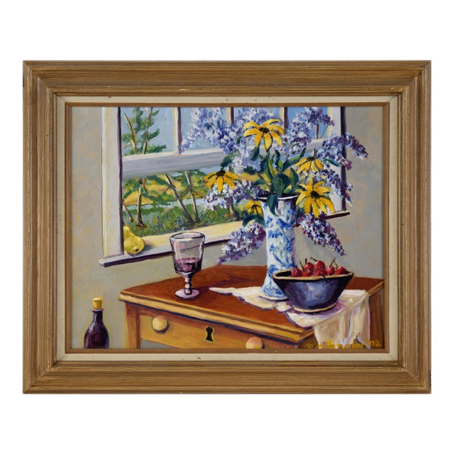 Still Life With Daises and Wisteria in Acrylic on Masonite by Richard M. Bacon For Sale