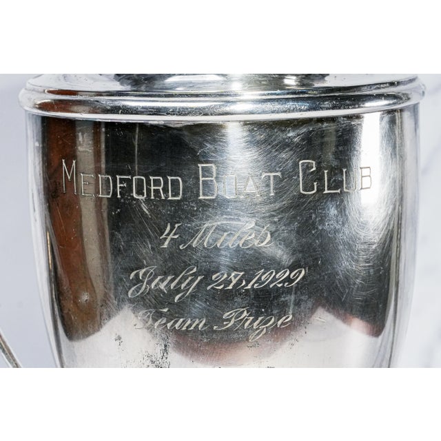 Art Nouveau Nice Large Antique Double Handle Silverplate Trophy Medford Boat Club Massachusetts History Home Decor For Sale - Image 3 of 11
