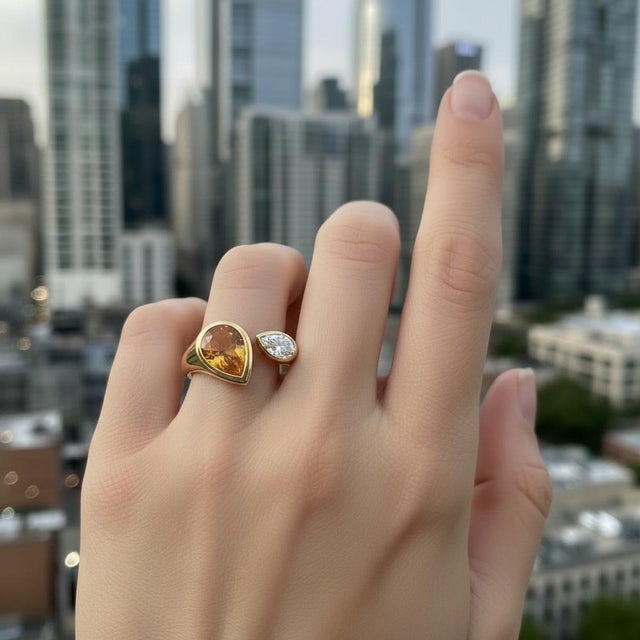 Toi Et Moi Gemstone Ring: Citrine and Moissanite, Size 7.5 For Sale - Image 9 of 9