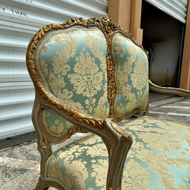 Textile 1990s Baroque Style Hight-Back Settee Sky Blue Color and Gold Leaf Details For Sale - Image 7 of 9