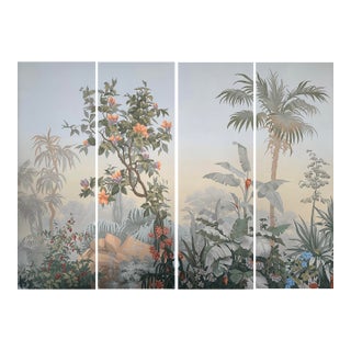 36" * H108" * 4ps, Hand-Painted French Retro Tropical Jungle Floral & Bird Wall Mural, Soft Mist Botanical Wallpaper For Sale