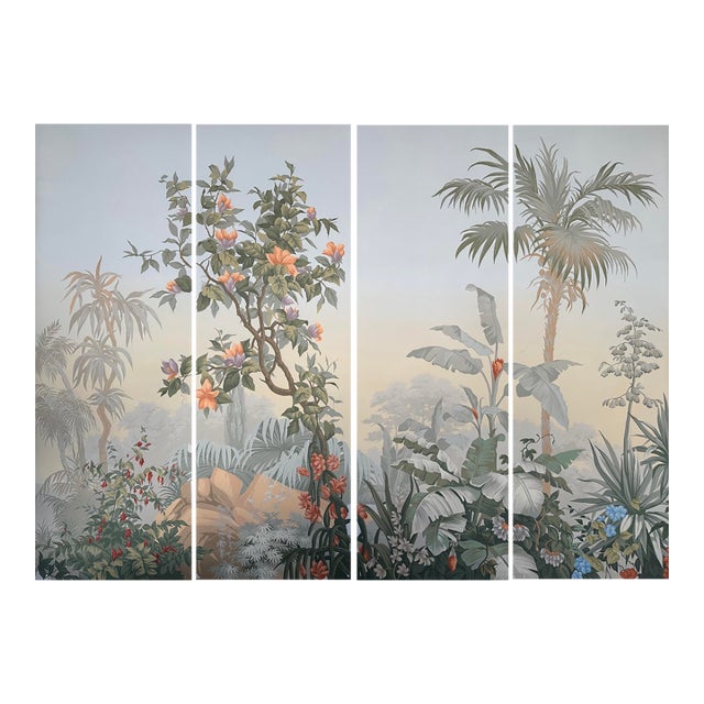 36" * H108" * 4ps, Hand-Painted French Retro Tropical Jungle Floral & Bird Wall Mural, Soft Mist Botanical Wallpaper For Sale