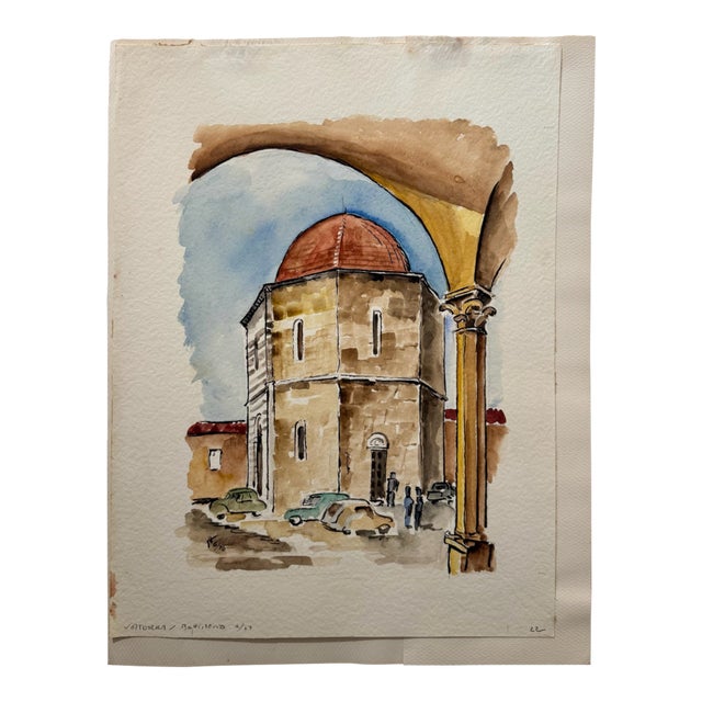 Henry Emil Salloch Original Watercolor on Paper Volterra, Battistero. 1970. For Sale