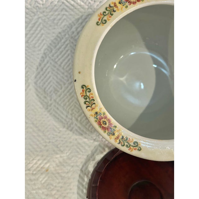 Vintage Japanese Satsuma Style Petite Hand-Painted Porcelain Jardinière Cachepot With Wood Ming Style Stand For Sale - Image 12 of 12