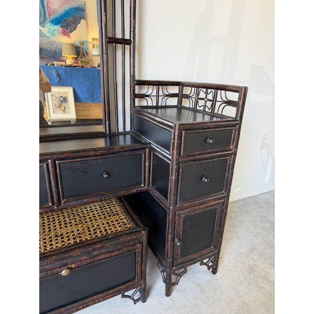 Vintage Chinoiserie Black Lacquered Bamboo Vanity Dressing Table With Mirror, Side Cabinets & Wicker Bench For Sale - Image 13 of 17