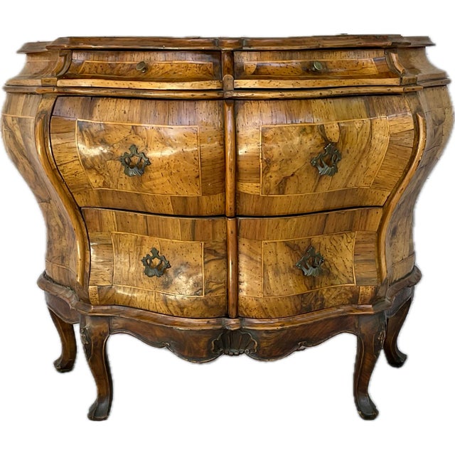 19th Century Walnut Venetian Louis XIV Burl Walnut Bombe Chest. Chest features two small upper drawer and two larger lower...