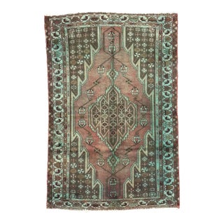 Vintage Persian Hamadan Overdyed Wool 4x7 Teal, Red & Brown Handmade Area Rug #9901513 For Sale