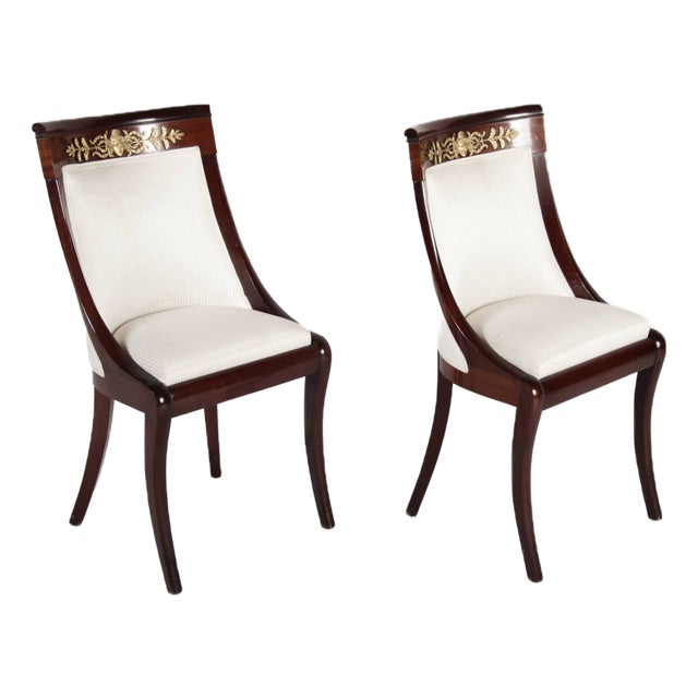 Antique Empire Style Mahogany Gondola Chairs with Gilded Bronze Appliqués, 1820, Set of 2 For Sale