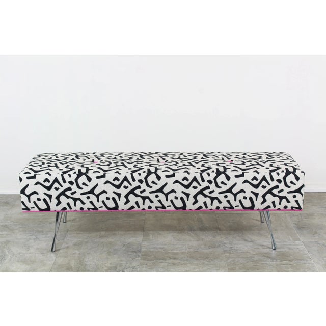 2020s Black and White Linen Bench With Italian Style Metal Legs For Sale - Image 5 of 7