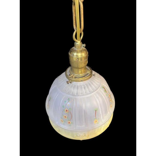 1930s 1930s Brass Pendant Lamp With Yellow Floral Shade For Sale - Image 5 of 6