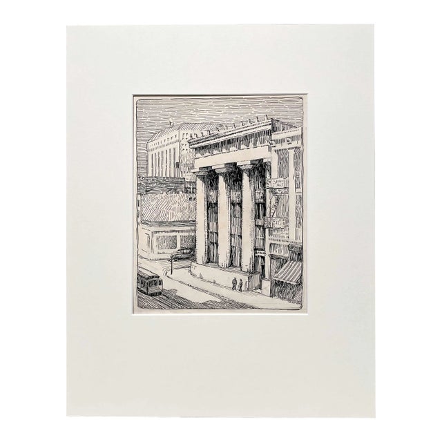 1930s Ink & Pencil on Paper View of San Francisco, Featuring the Bank of California at California & Sansone Streets, by Artist Leontine Wallace For Sale