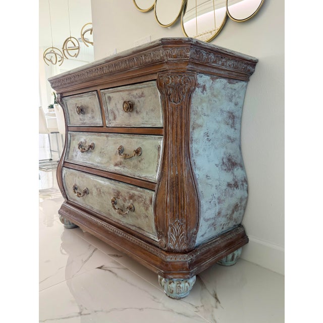 Lane Furniture French Bombe Chest | Distressed Painted Wood Dresser | Louis XV Style For Sale - Image 4 of 11