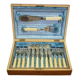 Antique Victorian Silverplate Celluloid Fork Knife Fish Serving Set With Box - 27 pcs For Sale