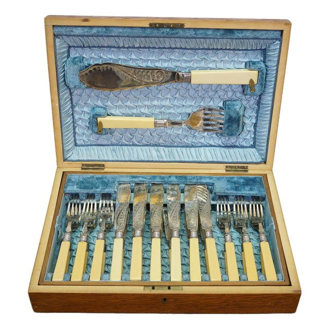 Antique Victorian Silverplate Celluloid Fork Knife Fish Serving Set With Box - 27 pcs For Sale