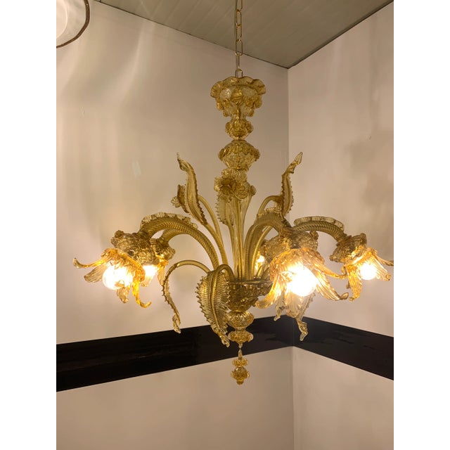 Classical amber Murano glass chandelier with flowers and leaves. Traditional piece of Italian art of blowing glass. Very...