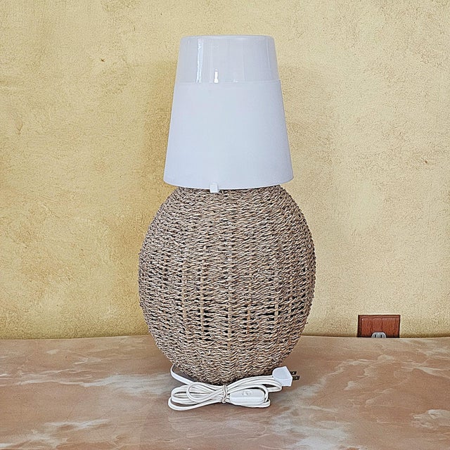 Coastal Vintage Ikea Woven Rattan Coastal Boho Table Lamp With White Frosted Glass Shade For Sale - Image 3 of 18
