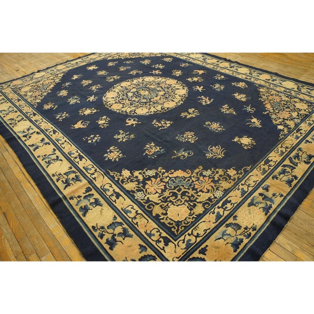 Wool Hand Knotted Pile Blue Antique Rectangle 1890s Rug, Circa Date: 1890s. This exceptional late 19th-century Chinese...