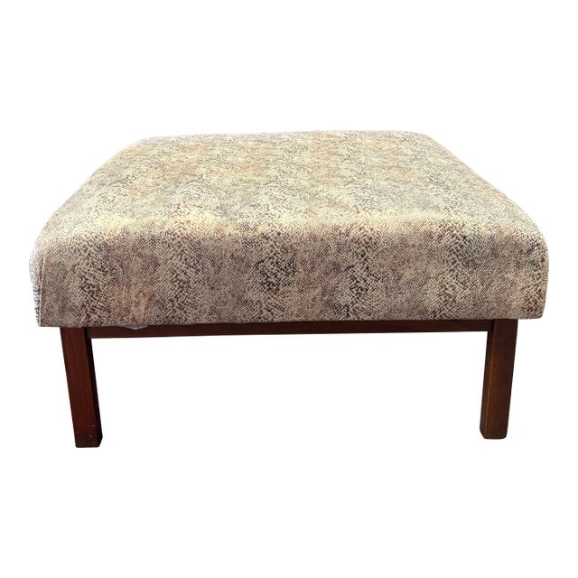 1960s Vintage Mid-Century Modern Walnut Ottoman Reupholstered in Python Print Fabric For Sale