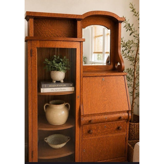 Art Deco Antique Art Deco Secretary Desk | Burl Wood China Cabinet, Arched Mirror Writing Desk For Sale - Image 3 of 6