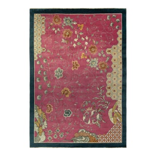 Rug & Kilim Chinese Style Art Deco Rug in Pink with Blue Border, Gold Florals - 12'x15' For Sale