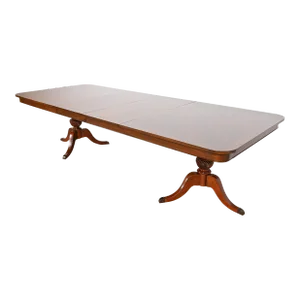 Baker Furniture Style Georgian Inlaid Cherry Wood Double Pedestal Extension Dining Table, Newly Refinished