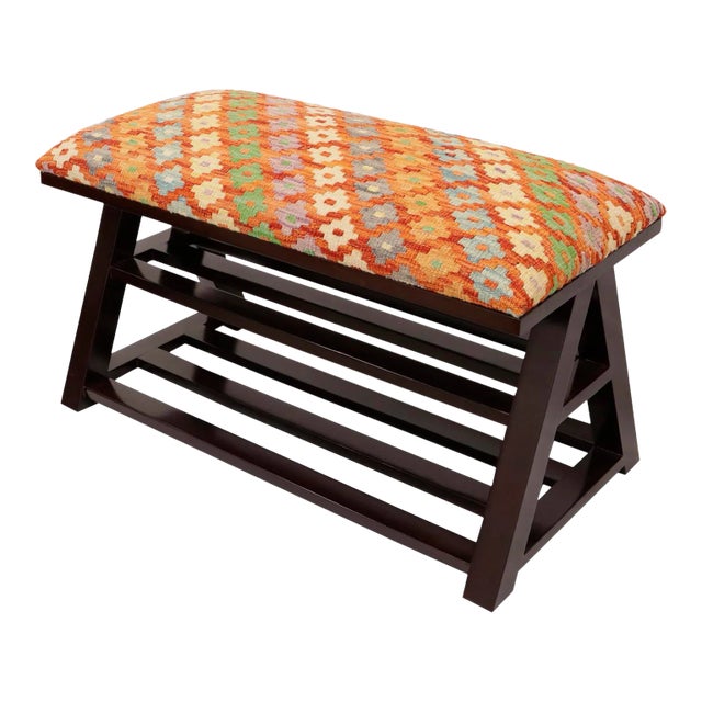 Geometric Kilim Upholstered Handmade Wood Storage Bench For Sale