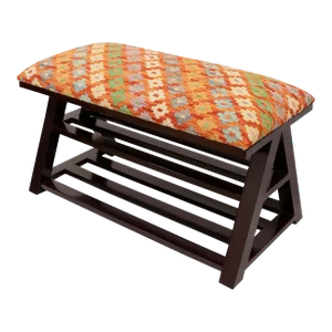 Geometric Kilim Upholstered Handmade Wood Storage Bench