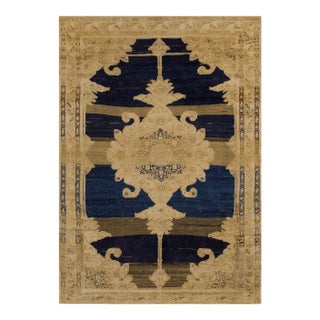 Appreciable Navy Blue and Tan Beige Color With Medallion Desing Antique Persian Malayer Rug For Sale