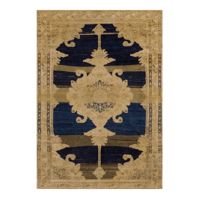 Appreciable Navy Blue and Tan Beige Color With Medallion Desing Antique Persian Malayer Rug For Sale