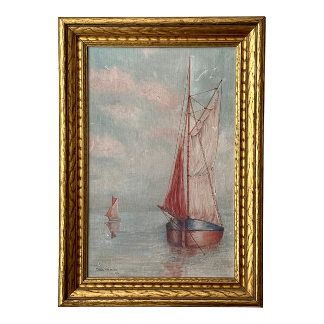 1936 Dreamlike Art Deco Seascape by c.m. Brentlinger, Oil on Canvas, Framed For Sale