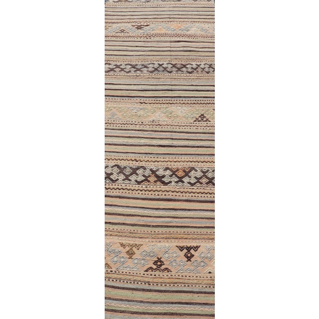 Mid 20th Century Colorful Vintage Turkish Embroidered Flatweave Runner Striped Geometric Design For Sale - Image 4 of 11