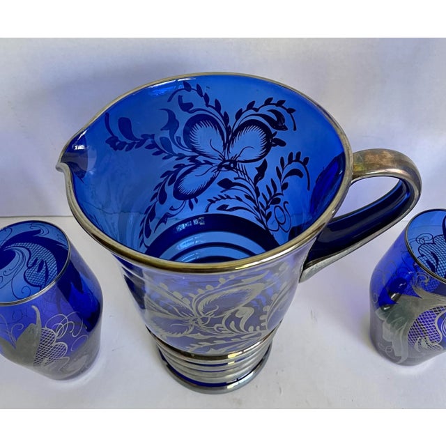 Murano Cobalt Blue Italian Glass With Silver Overlay Pitcher and Glasses - Set of 6 For Sale - Image 4 of 12