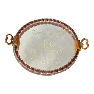1950s Round Venetian Etched Rope Burgundy Art Glass Mirrored Tray Bronze Handles For Sale
