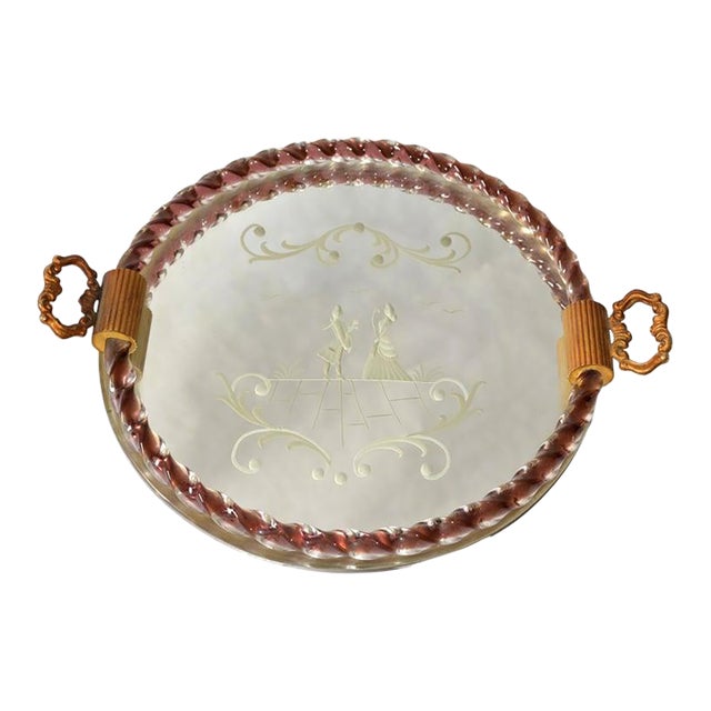 1950s Round Venetian Etched Rope Burgundy Art Glass Mirrored Tray Bronze Handles For Sale