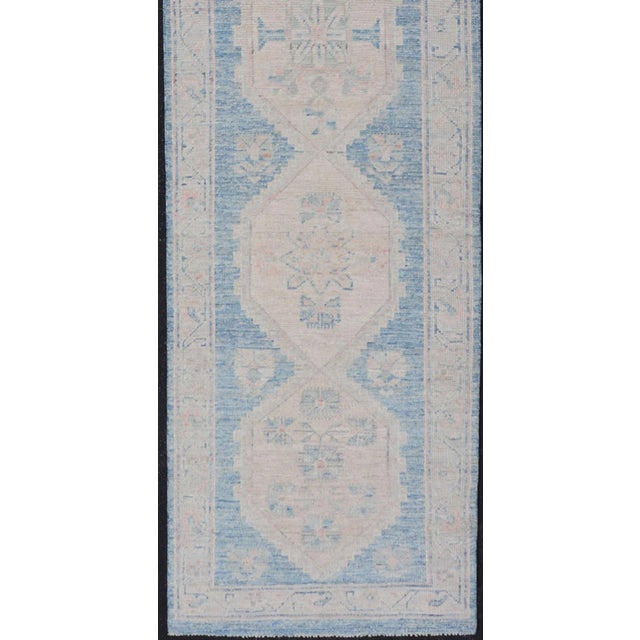 Oushak Modern Runner With Medallion Design in Shades of Blue and Cream For Sale - Image 9 of 9