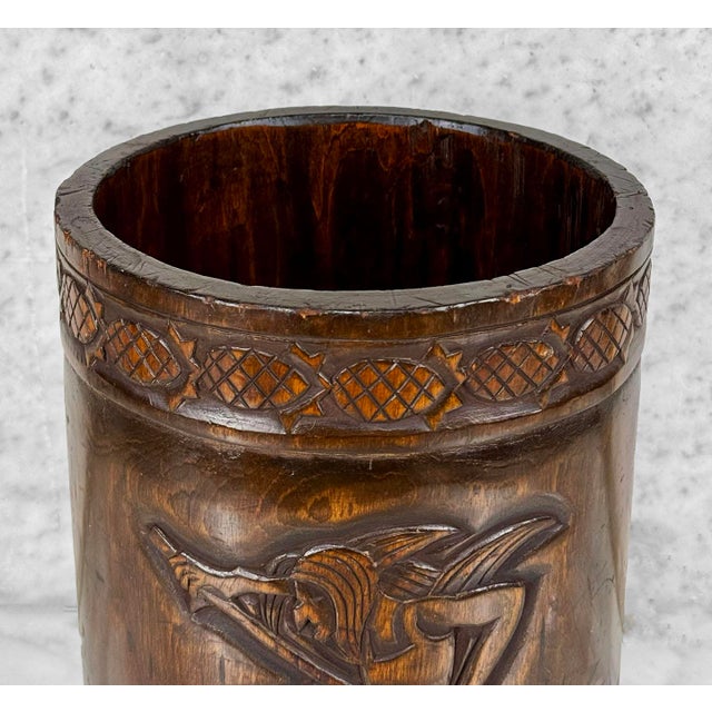 Vintage Balinese Tribal Mahogany Carved Figural Vessel Waste Basket For Sale - Image 6 of 9